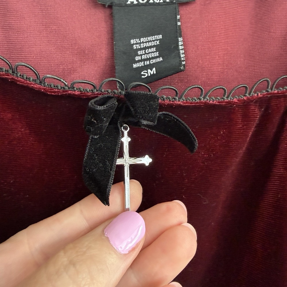 Cosmic Aura Red Velvet Puff Sleeve Crop Top Goth Ren Fair Cross Dark Romantic SM - Picture 6 of 6